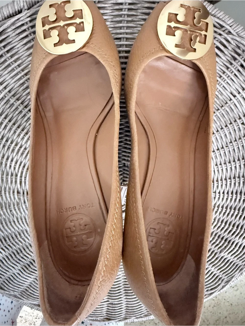 Tory Burch Camel Leather Peep-Toe wedges with Gold Logo Medallion